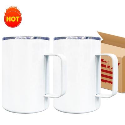 China Viable USA Warehouse Camper White Sublimation Stainless Steel Free Shipping 12Oz Coffee Travel Mugs With Slip Handle And Lid for sale