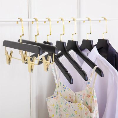 China Premium Luxury Gold Metal Logo Durable Custom Hook Wooden Coat Hanger And Wooden Suit Hangers With Non Slip for sale