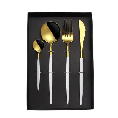 China Hotel Viable Wedding Stainless Steel Spoon Knife Fork White Gold Gold Cutlery Sets With Gift Box for sale