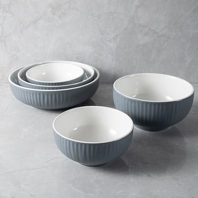 China Sustainable Restaurant Dinnerware China Embossed Lines Round Large Soup Bowl Square Matte Gery Glaze 9 Inch Nordic Round Ceramic Dinner Bowl for sale