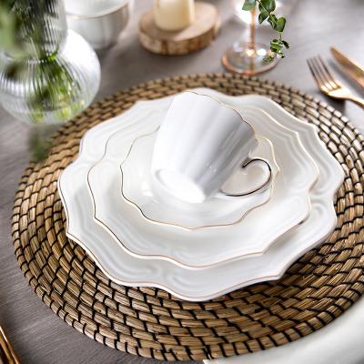 China Hotel Sustainable Wedding Home Dining Porcelain Dishes Plates Bowl Tableware Embossing White Gold Rim Crockery Dinner Ceramic Dinnerware Set for sale