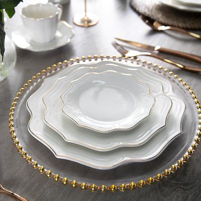 China Viable Gold Rim Custom LOGO Dishes White Ceramic Flowers Porcelain Vajilla Tableware Plates Wedding Factory Form Wedding Dish Set for sale