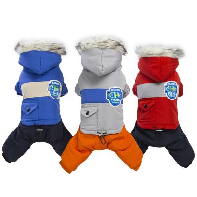 China Soft Viable Winter Dog Clothes Warm Puppy Overalls Dog Clothes Coat With Hood Fur Collar Pet Apparel Winter Dog Gears for sale