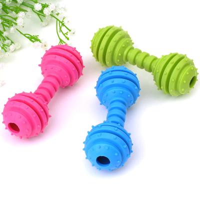 China Soft Durable Non-Toxic Rubber Dog Animal Poodle Puppy Chew Sharp Ribbed Teeth Dumbbell Toy With Bell Inside for sale