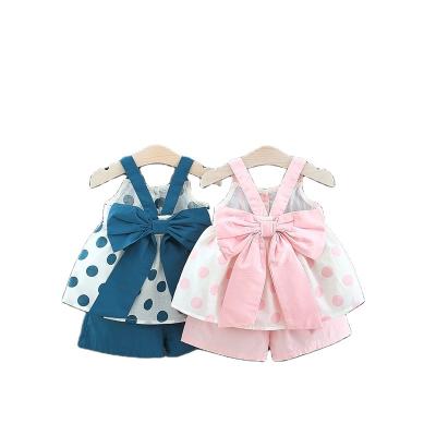 China Anti-wrinkle 2022 Toddler Girls Two Piece Set Dresses New Suspenders Summer Big Bow Cotton for sale