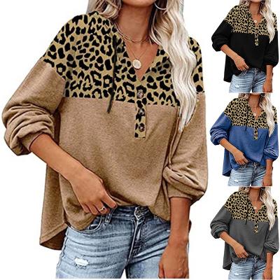 China Anti-pilling 2021 Women's Fall Tops With Leopard Contrast Color Long Sleeves Casual Loose V-Neck Buttons Shirt Womens Tops T-Shirt For Woman for sale