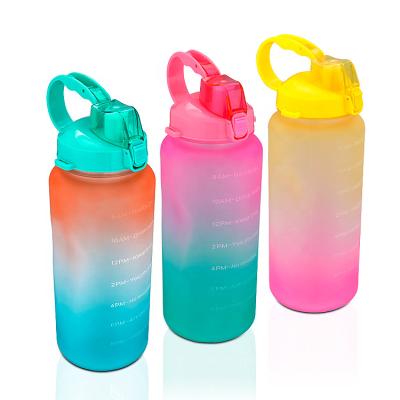 China 64oz viable ready to ship two color gradient soft paint plastic water bottle with straw& time marker bpa free drop shipping for sale