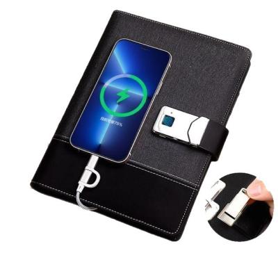 China 2023 new arrival spiral notebook organizer 6 sheets binder 8000mah mobile wireless powerbank wireless charging notebook with fingerprint lock for sale