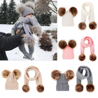 China Fashion/Oversized Imitation Fur Knitted Hat Knitted Wool And Raccoon Scarf Sets New Baby Warm/Comfortable Soft Warm Double Ball for sale