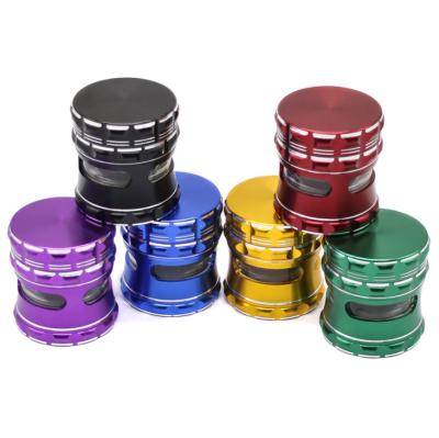 China NEW Durable 4 Drum Design Window 63mm Aluminum Herb Grinder Tobacco Accessories Spice Transparent Grinder Part for sale