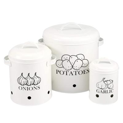 China Microwavable Set of 3 Antique White Vintage Potato Onion Garlic Kitchen Storage Canisters for sale