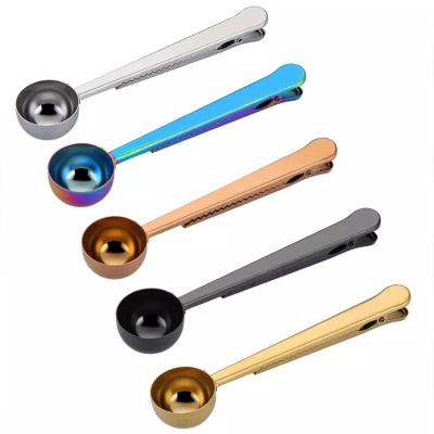 China Viable Mirror Food Grade Metal Coffee Scoop Gold Stainless Steel Coffee Doser Scoop With Sealing Clip for sale