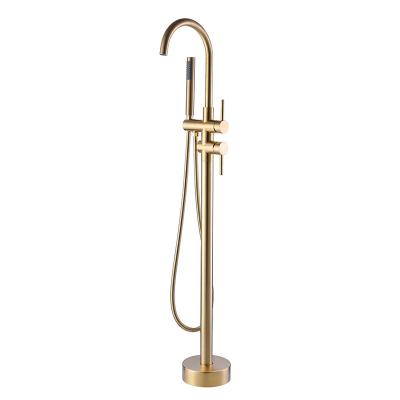 China Without Slide Bar Gold Quality Tub Filler Floor Standing Tub Faucet Swept With Free Handheld Shower Tub Faucet Set for sale