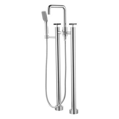 China Without Slide Bar Bathroom Solid Chrome Bathtub Filler Waterfall Floor Mount Tub Freestanding Tub Faucet With Hand Shower Faucets for sale