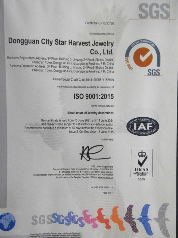 ISO9001 - Dongguan Star Harvest Jewelry Co., Ltd.