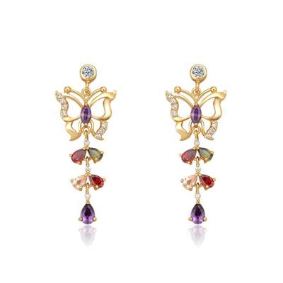 China Wholesale Fashionable Classic Women Jewelry Colorful CZ Zircon Gold Plated Butterfly Drop Earrings for sale