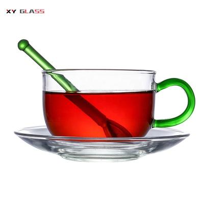 China Stem Thermo Stirring Glass Coffee Cup In Saucer Sustainable Classic Colored Borosilicate Design for sale