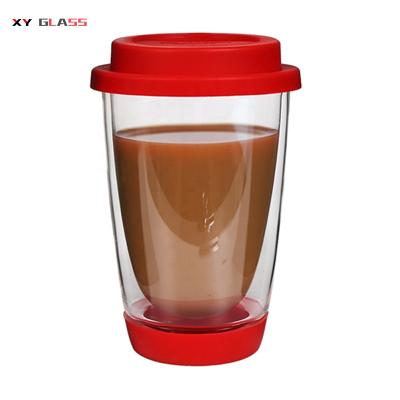 China Minimalist Durable Double Wall Wide Mouth With Silicone Sleeve And Lid Glass Coffee Mug for sale