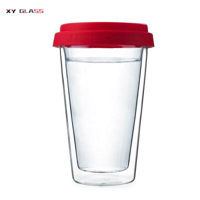 China Classic Disposable Pyrex Glass Double Wall With Silicone Lid Sports Travel Coffee Mug for sale