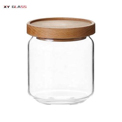 China Dishwasher Safe Borosilicate Tea Coffee Sugar Candy Cookie Lid Microwavable Glass Wooden Canister for sale