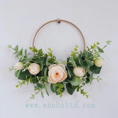 China Decoration Flower Artificial Metal Circle Small Around Sight Flower Rose Eucalyptus Leaves Garland For Wall Hanging Wedding Decoration for sale