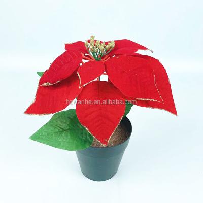 China High Quality Eco-friendly Christmas Artificial Flowers Stems Plastic Shiny Leaf Poinsettia Decoration For Christmas Party for sale