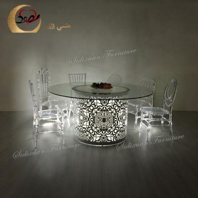 China Wholesale glass top steel frame color led wedding table Te koop