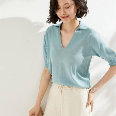 China 2021 Summer Women's Spring and Sleeve Short Sheer Sweater Upper V-Neck Slim Worsted Anti-Shrink Sleeve 100% New T-shirt for sale