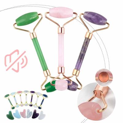 China Natural Rose Quartz Natural Crystal Stone Facial Jade Massage Roller Tool Kit Guasha Skin Care Tool for sale