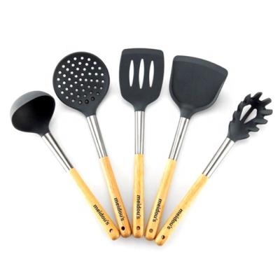 China SP-1860 Promotion Gifts Logo Imprinted Custom 5pc Viable Wood Handles Eco Friendly Kitchen Utensils Silicone for sale