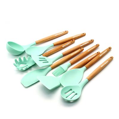 China Promotion SP-1085 Viable Gifts Logo Imprinted Custom Beech Wood Handles Silicone Cooking Cookware Set for sale