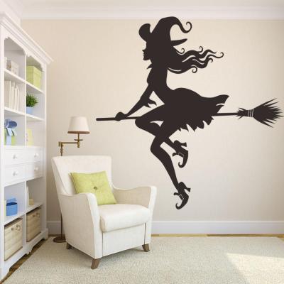 China WALL STICKER PVC Vinyl Halloween Sticker Witch and Broom Window Living Room Decor Sticker for sale