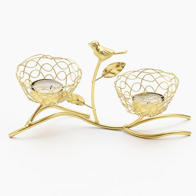 China Holiday Party Table Bird Decoration Metal Luxury Gold Wedding Candle Holder 2 Candle Tea Light Candle Holder for sale