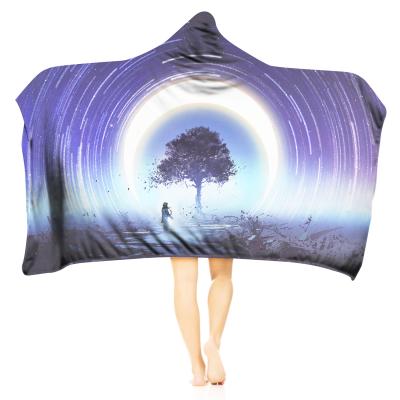 China Outer Anti-wrinkle Galaxy Universe Headquarters Winter Prints Wearable Envelope Coat OEM Service Hooded Fleece Blankets for sale