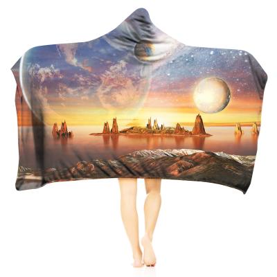 China 2021 Newest Anti-wrinkle Planet Mountain Hooded Blanket Water Printing Super Soft Thick Fleece Blanket Keep Warm for sale