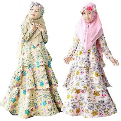 China Polyester Floral Dress Muslim Iftar Prayer Dress Kids/Girls Cotton Long Sleeve Long Skirt Kids Muslim Hijab Two Piece Set for sale