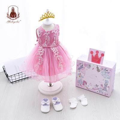 China Breathable Newborn Baby Clothing Christening Gown Girls Sets Summer Birthday Dresses Hot Pink Embroidered Kids Dress With Gift Box for sale