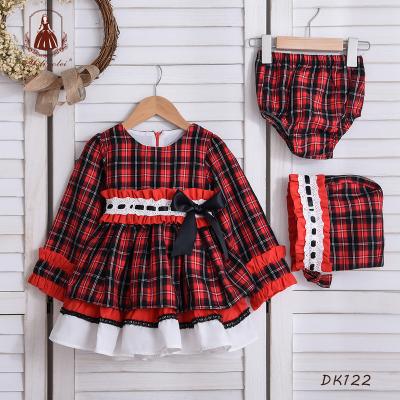 China 3 Pieces Kids Clothes Vintage Breathable Retro Toddler Set Check Elastic Red Birthday Cotton Little Girl Spanish Sash Girl Dress for sale