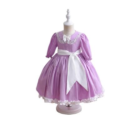 China 2020 OEM Cotton Yoliyolei Girl Dress Breathable 2020 Kids Clothes Half Sleeve Ruffle Purple Skirt Plain Spanish Casual With Belt for sale