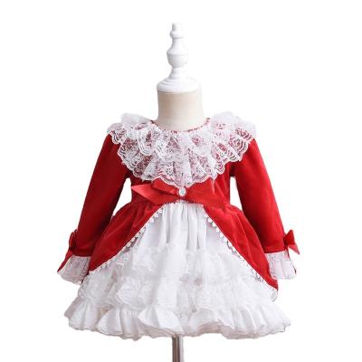 China New Style Baby Clothing Christmas Breathable Fluffy Edge New Style Bow Lolita Spanish Dress Layered Cake Red Lace Kids Girl's Dresses for sale