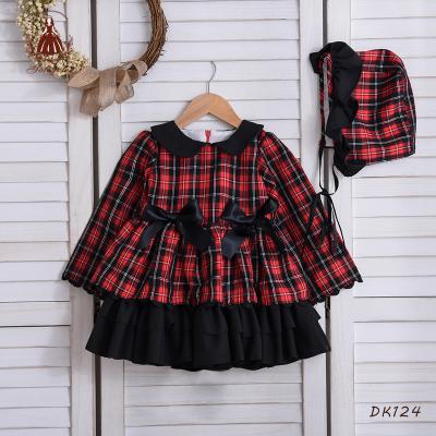 China Breathable 2 Pieces Ball Gown Red And Black Spanish Girl Birthday Dress Check Fashion Long Sleeve Cotton Kids Wear Dress With Two Bow for sale