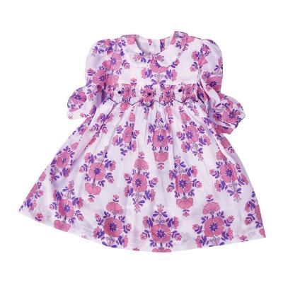 China Lovely Breathable Soft Floral Somcked Off Shoulder Girl's Solid Shortsleeve Dress For Toddler Girl 1-5 Years Old for sale