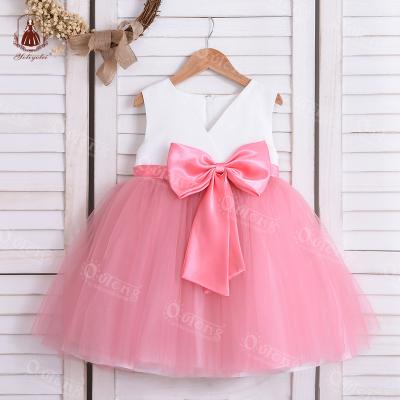 China Dk174 Breathable Kids Fabric Fashion V-Neck Pink Bow Kids Dress Girls Dresses For 2-5 Years for sale