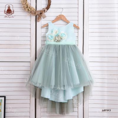 China Breathable Bespoke Kid Floral Princess LaceSkirt Applique Sleeveless Girl Dress For Girl 5-9 Years With Big Yarn Flower for sale