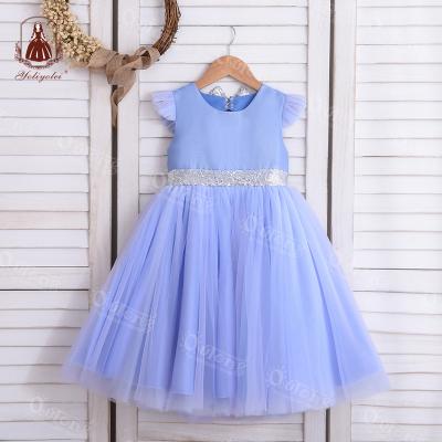 China Sale Breathable Warm Blue Short Sleeve Classic Kids Backless Dress For 5-9 Years Girl With Bowknot for sale