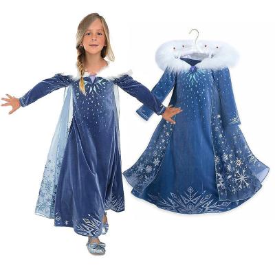 China Breathable Girls Princess Elsa Kids Maxi Dress Velvet Frocks Gown Cartoon Cosplay Children for Children with Long Fur Neck Sleeves for sale