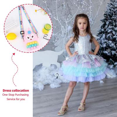 China New Children's Fluffy Unicorn Rainbow Layered Design Cake Skirt Bow Skirt Prom Festival Party Costume Girl Dress Washable for sale