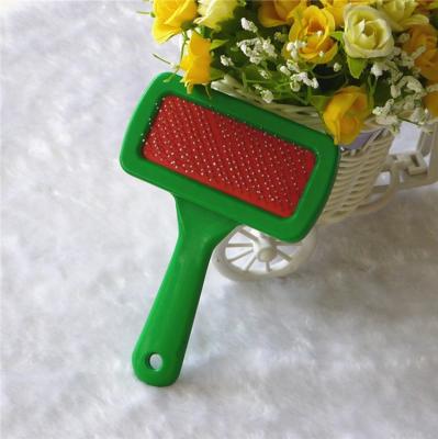 China Workable Single Plastic Flat Handle Soft Rubber Pad Fixed Curved Pins Pet Cat Dog Animal Puppy Slicker Brush for sale