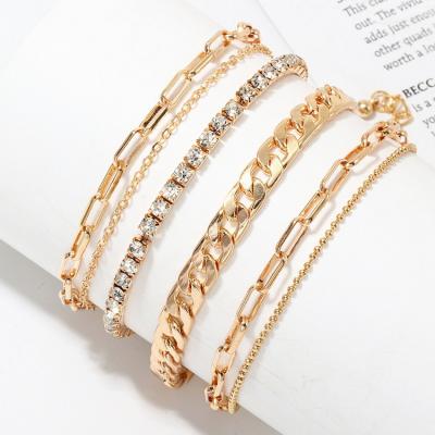 China BOHEMIA Qufan New Arrival Fashion Simple Design 6pcs/set Gold Color Alloy Square Chain Crystal Anklets For Women for sale