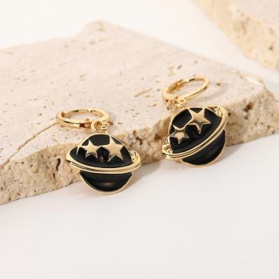 China Qufan NEW FASHIONABLE Trend Gold Plated Earth Black Planet Moon Star Drop Circle Alloy Earrings Jewelry Oil Dangle Earrings For Women for sale